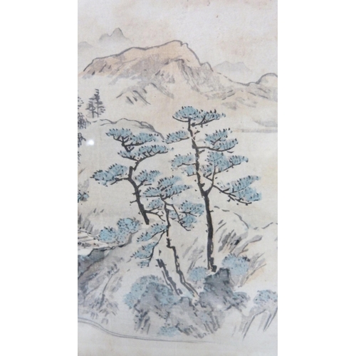 314 - Japanese Yuzen-Birodo embroidery depicting a temple on water, trees to the foreground and background... 