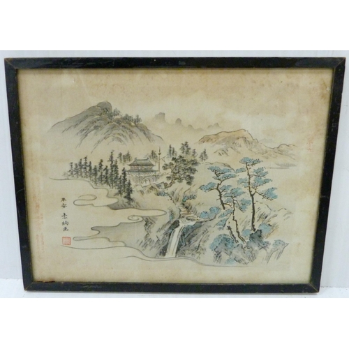 314 - Japanese Yuzen-Birodo embroidery depicting a temple on water, trees to the foreground and background... 