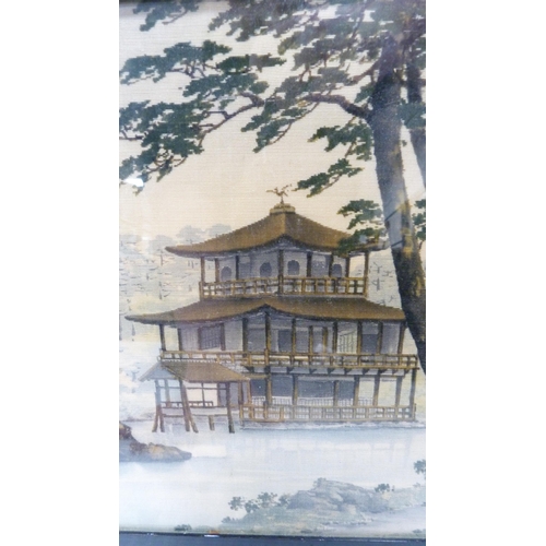 314 - Japanese Yuzen-Birodo embroidery depicting a temple on water, trees to the foreground and background... 