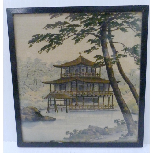 314 - Japanese Yuzen-Birodo embroidery depicting a temple on water, trees to the foreground and background... 