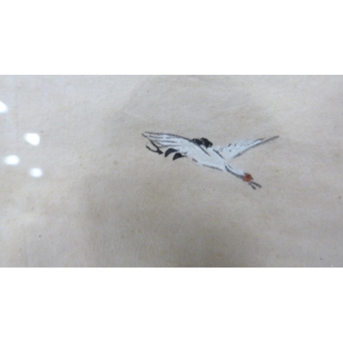 314 - Japanese Yuzen-Birodo embroidery depicting a temple on water, trees to the foreground and background... 