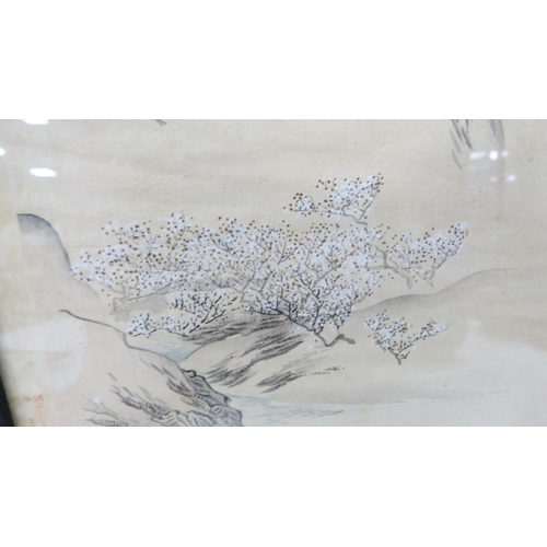 314 - Japanese Yuzen-Birodo embroidery depicting a temple on water, trees to the foreground and background... 