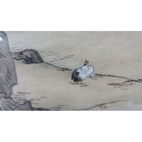 314 - Japanese Yuzen-Birodo embroidery depicting a temple on water, trees to the foreground and background... 