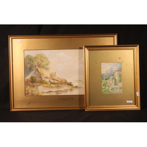 398 - J DOUGLAS, A Highland Cottage, watercolour, signed lower left, 26cm x 45cm, frame 44cm x 62cm and an... 