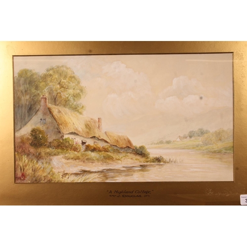 398 - J DOUGLAS, A Highland Cottage, watercolour, signed lower left, 26cm x 45cm, frame 44cm x 62cm and an... 