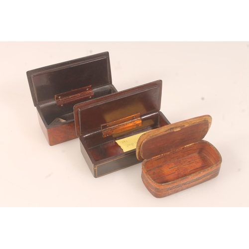 45 - Two papier mache snuff boxes and a carved wooden snuff box depicting maritime scene. (3)