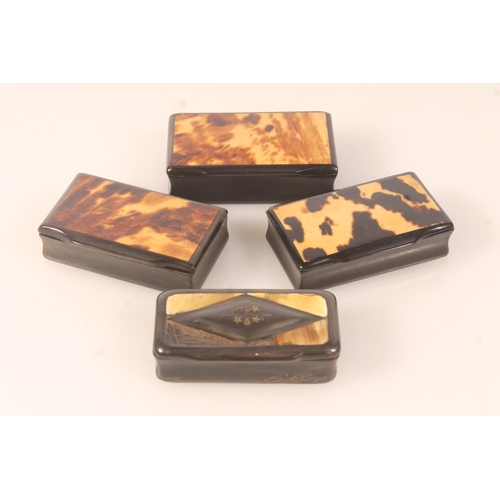 47 - Antique horn snuff box and three papier mache snuff boxes with tortoiseshell panels. (4)