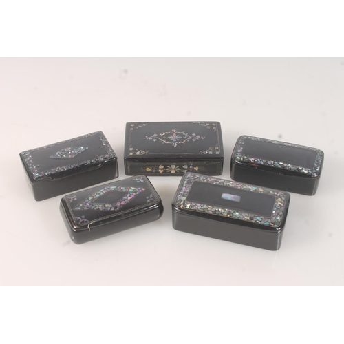 51 - Five Victorian black lacquer papier mache snuff boxes inset with abalone shell designs, the largest ... 