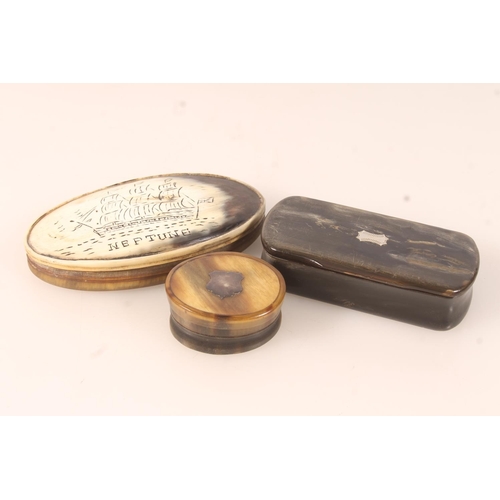 53 - Antique carved horn snuff box of navette form incised with depiction of HMS Neptune, 11cm long, and ... 