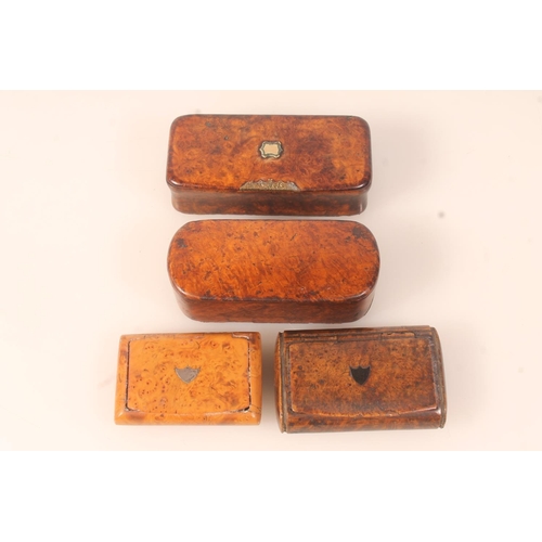 56 - Four antique burr wood snuff boxes, the largest 10cm long. (4)