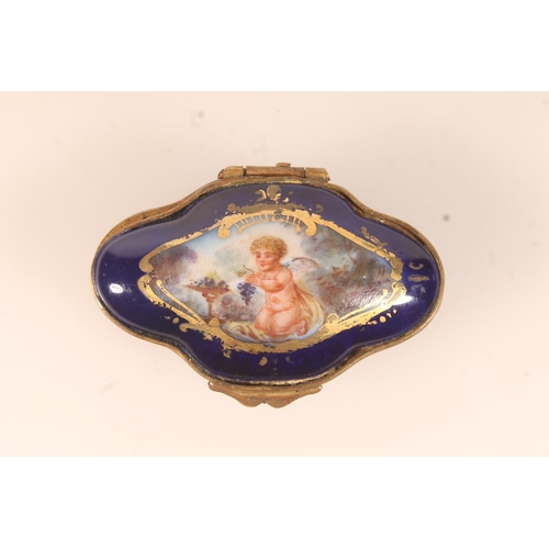 60 - French Sevres porcelain trinket box of quatrefoil form, the top with vignette depicting a cherub wit... 