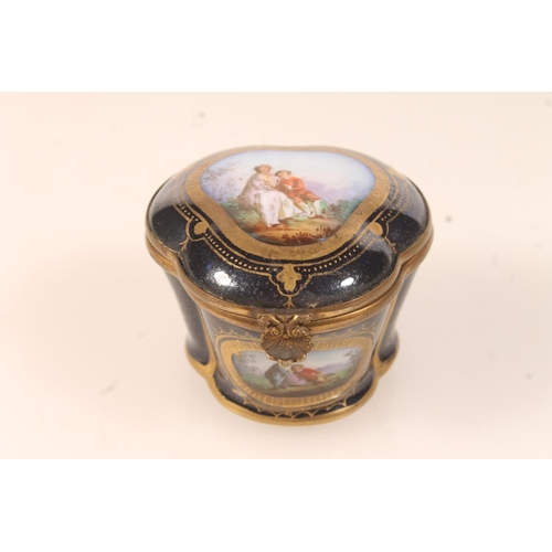 61 - French Sevres style porcelain trinket box of trefoil form, the top with vignette depicting a courtin... 