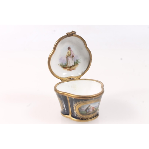 61 - French Sevres style porcelain trinket box of trefoil form, the top with vignette depicting a courtin... 