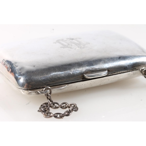 427E - Silver chatelaine purse with green fabric sectional interior.