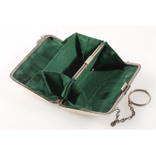 427E - Silver chatelaine purse with green fabric sectional interior.