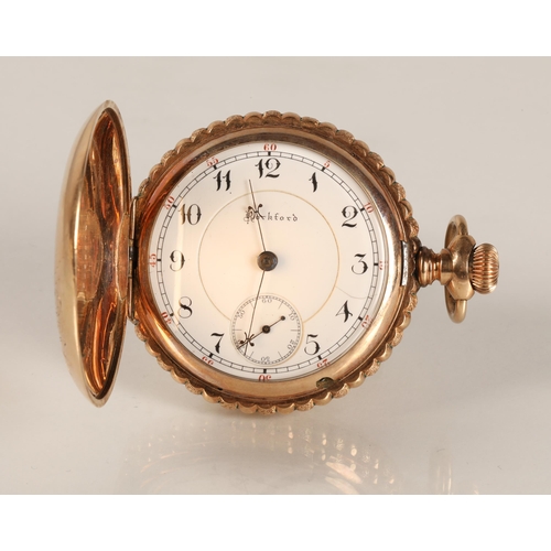 91 - Gents 14K gold Rockford full hunter pocket watch, white enamel dial with numbered hour markers and s... 
