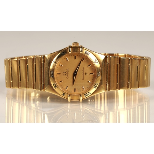 87 - Ladies 18ct yellow gold Omega Constellation wrist watch, gold coloured dial with baton hour markers ... 