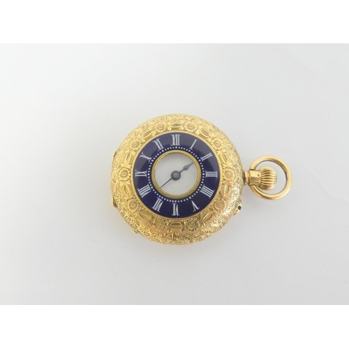 58 - Geneva keyless cylinder watch in gold half hunter case, engraved with enamel chapter 'K18', 30mm, li... 