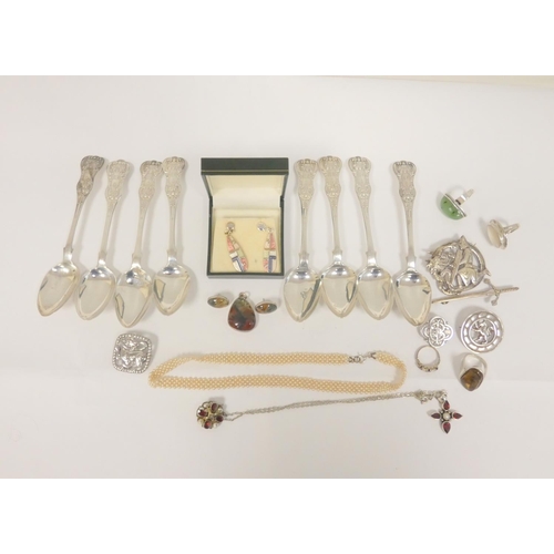 59 - Set of eight silver tea spoons (168g) and various items of silver and other jewellery.