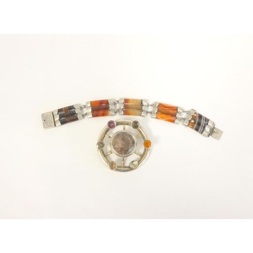 60 - Silver Scotch pebble bracelet of five reeded panels with engraved snap, C1880 and a circular brooch ... 