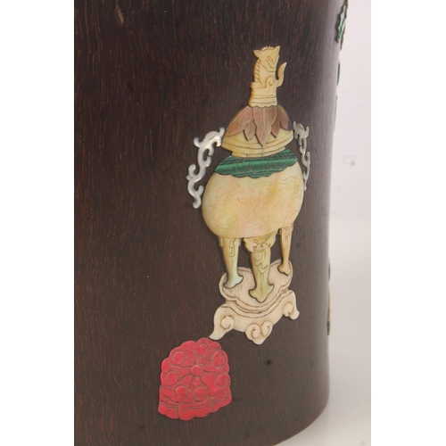 438 - Chinese hardwood brush pot, Inlaid with mother of pearl and hardstone, bearing an urn, vase on stand... 