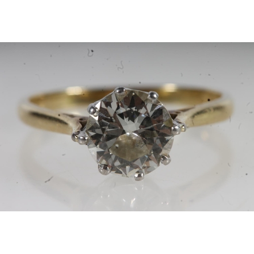 201 - 18ct yellow gold solitaire diamond ring, the diamond approximately 1.5ct in claw setting, size O, 3.... 