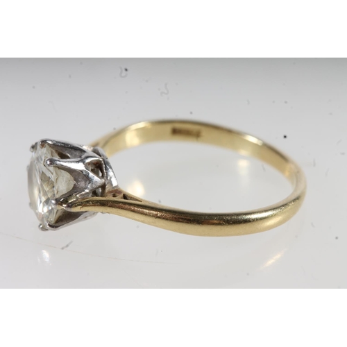 201 - 18ct yellow gold solitaire diamond ring, the diamond approximately 1.5ct in claw setting, size O, 3.... 
