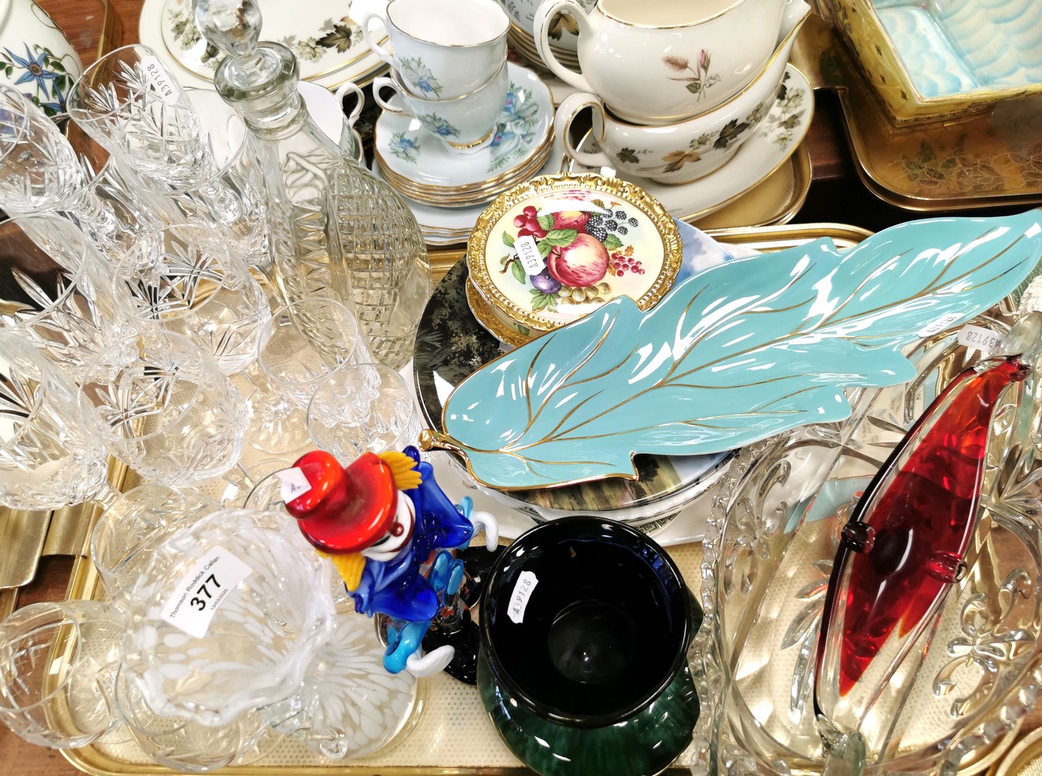 Murano art glass, crystal glasses and decanter, decorative plates etc