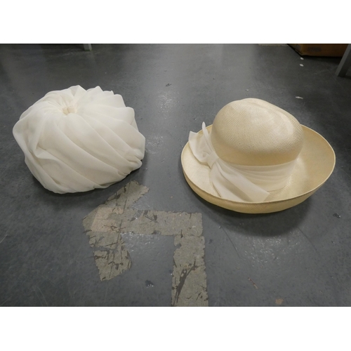 113 - Two cartons containing napery and linen, ladies' dress hats etc