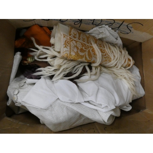 113 - Two cartons containing napery and linen, ladies' dress hats etc