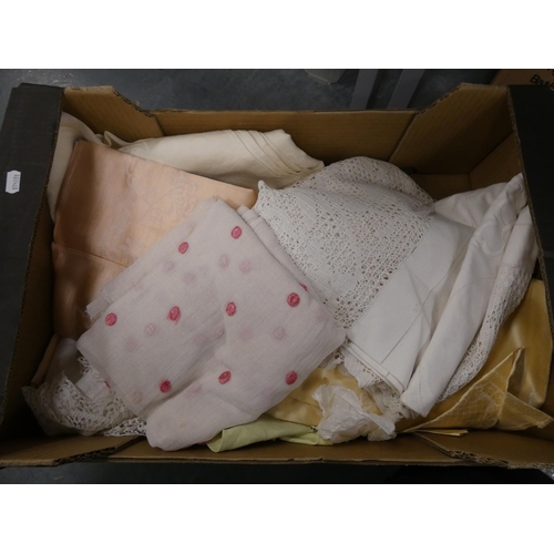 113 - Two cartons containing napery and linen, ladies' dress hats etc