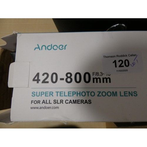 120 - Super telephoto zoom lens, 420 x 800mm, pair of Greenkat binoculars, Panasonic Lumix camera, LG powe... 