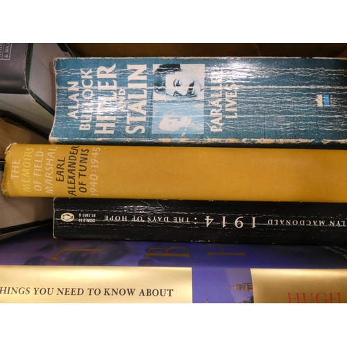 77 - Two cartons of books to include military interest, Scramble for Africa, Boots on the Ground, leather... 