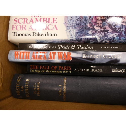 77 - Two cartons of books to include military interest, Scramble for Africa, Boots on the Ground, leather... 