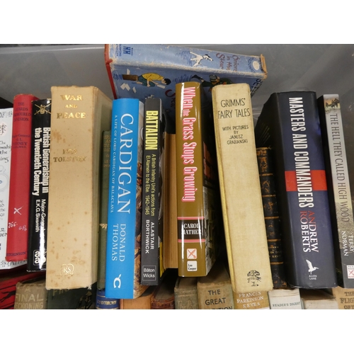 77 - Two cartons of books to include military interest, Scramble for Africa, Boots on the Ground, leather... 