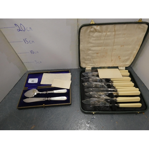 83 - Cased EP preserve spoon and fork, cased set of six fish knives and forks, EP basket, and two hotel p... 