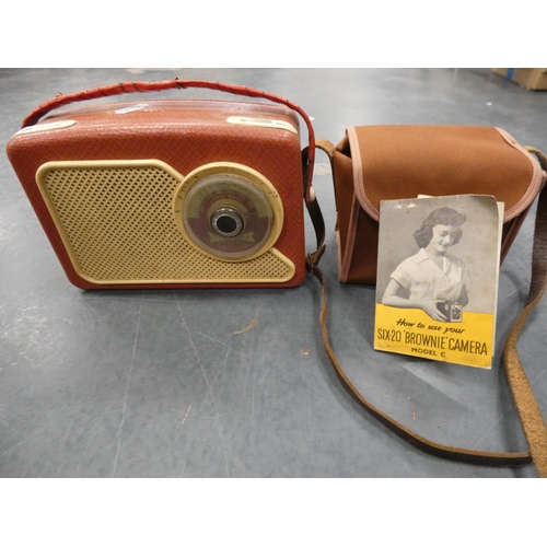 96 - Aluminium jelly pan, box camera, Dansette 222 transistor radio, commemorative tin etc.