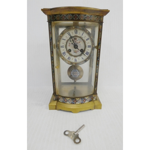 222 - French brass and champlevé enamel four glass clock, c. late 19th century, with porcelain twin train ... 