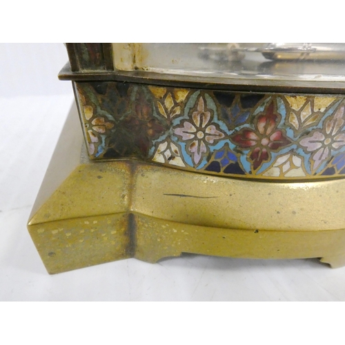 222 - French brass and champlevé enamel four glass clock, c. late 19th century, with porcelain twin train ... 