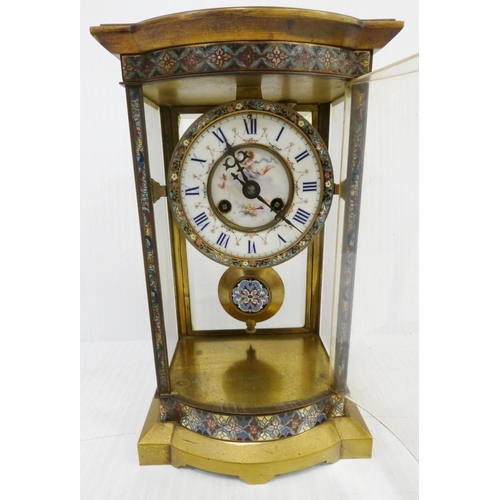 222 - French brass and champlevé enamel four glass clock, c. late 19th century, with porcelain twin train ... 