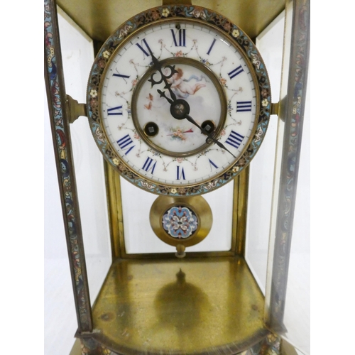 222 - French brass and champlevé enamel four glass clock, c. late 19th century, with porcelain twin train ... 