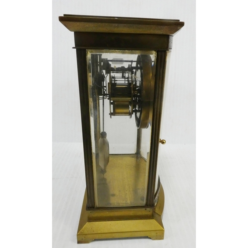222 - French brass and champlevé enamel four glass clock, c. late 19th century, with porcelain twin train ... 