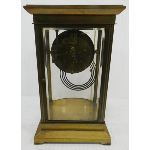 222 - French brass and champlevé enamel four glass clock, c. late 19th century, with porcelain twin train ... 