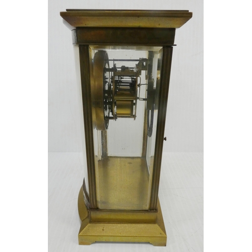 222 - French brass and champlevé enamel four glass clock, c. late 19th century, with porcelain twin train ... 