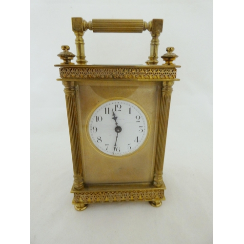 223 - French brass four glass carriage clock, c. 1900, with glazed viewing panel to the top showing the es... 