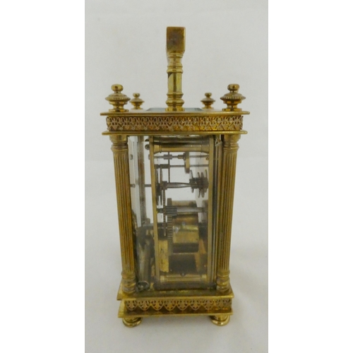 223 - French brass four glass carriage clock, c. 1900, with glazed viewing panel to the top showing the es... 