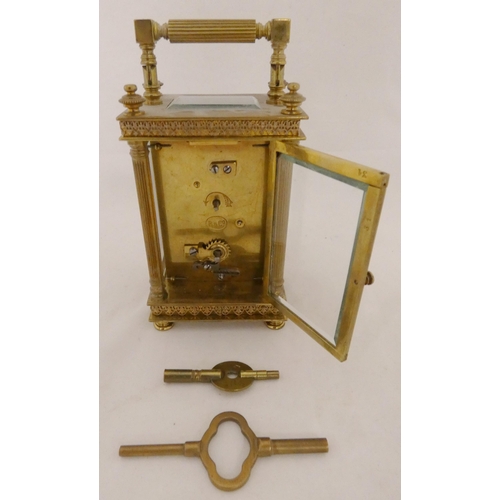 223 - French brass four glass carriage clock, c. 1900, with glazed viewing panel to the top showing the es... 