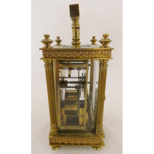 223 - French brass four glass carriage clock, c. 1900, with glazed viewing panel to the top showing the es... 