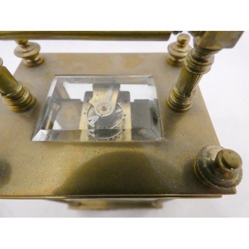 223 - French brass four glass carriage clock, c. 1900, with glazed viewing panel to the top showing the es... 