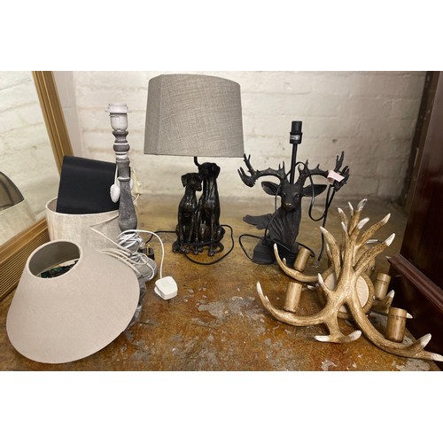 Box of assorted ceiling lights, four table lamps, revolving rack etc